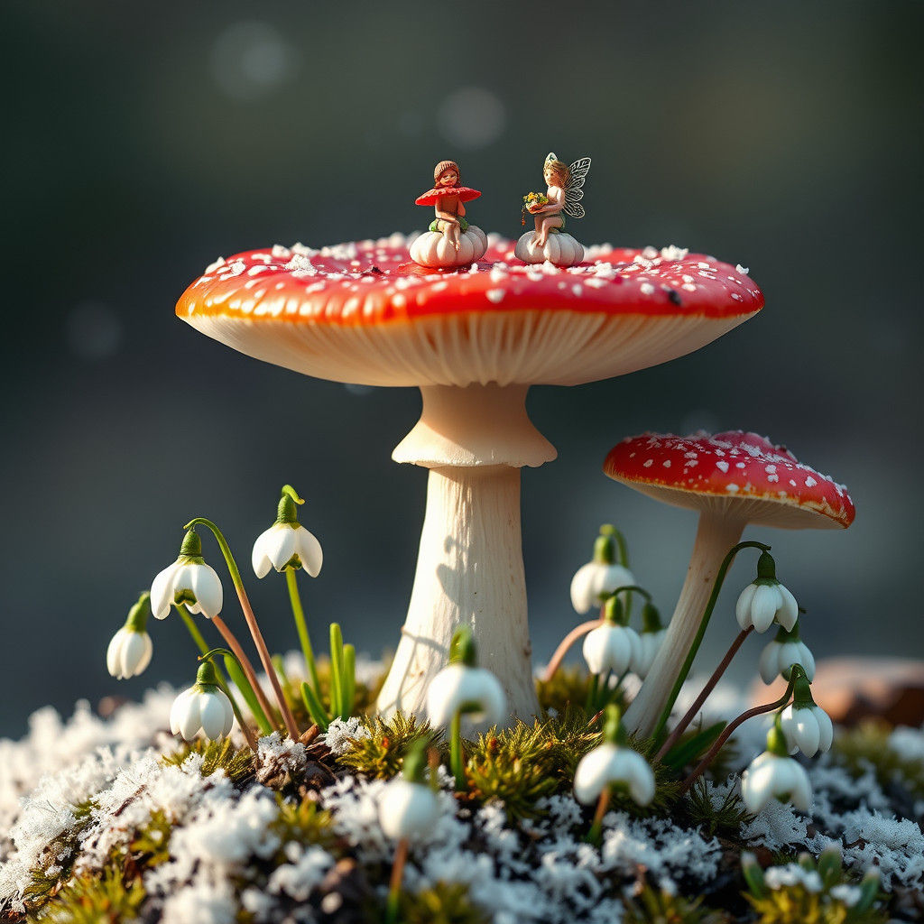 Fairies on Mushrooms and Snowdrops: A Fantasy Scene