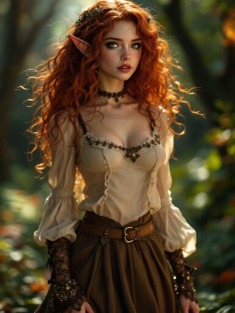 Realistic 8k Portrait of Red-Haired Elf in Skirt