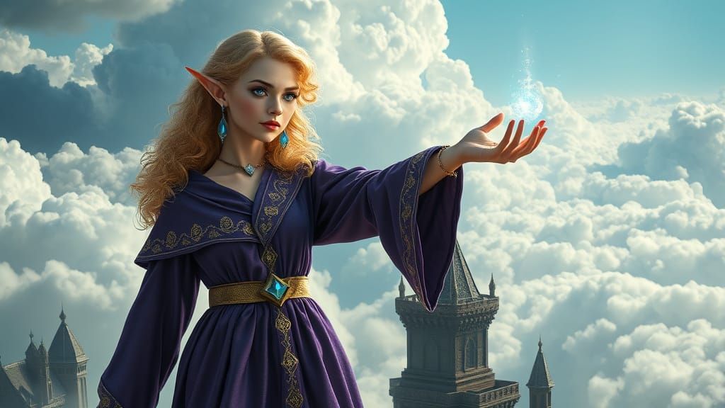 Ethereal Archmage Elf Casts Spell from Cloud Tower