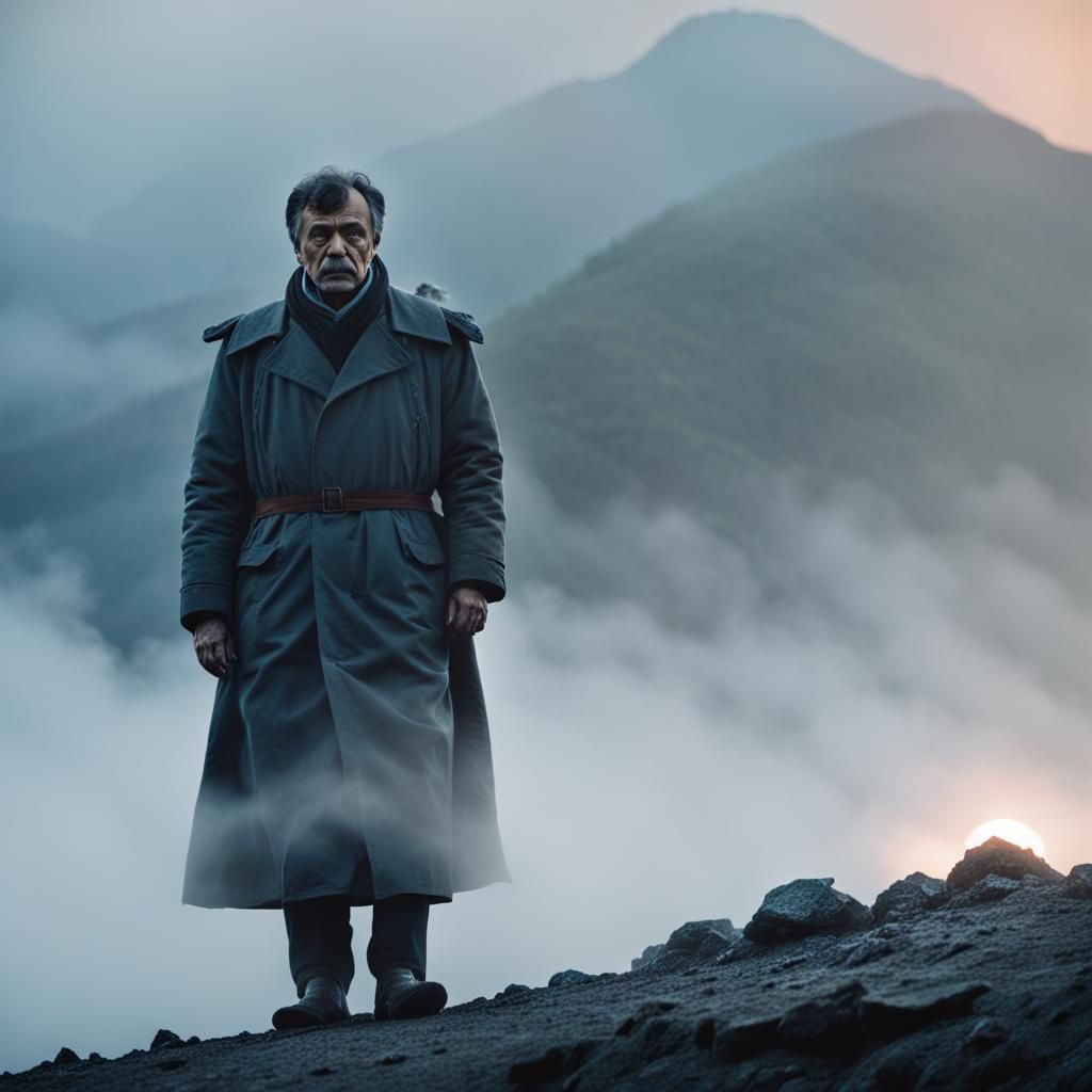 Mysterious Figure on Misty Mountain Peak