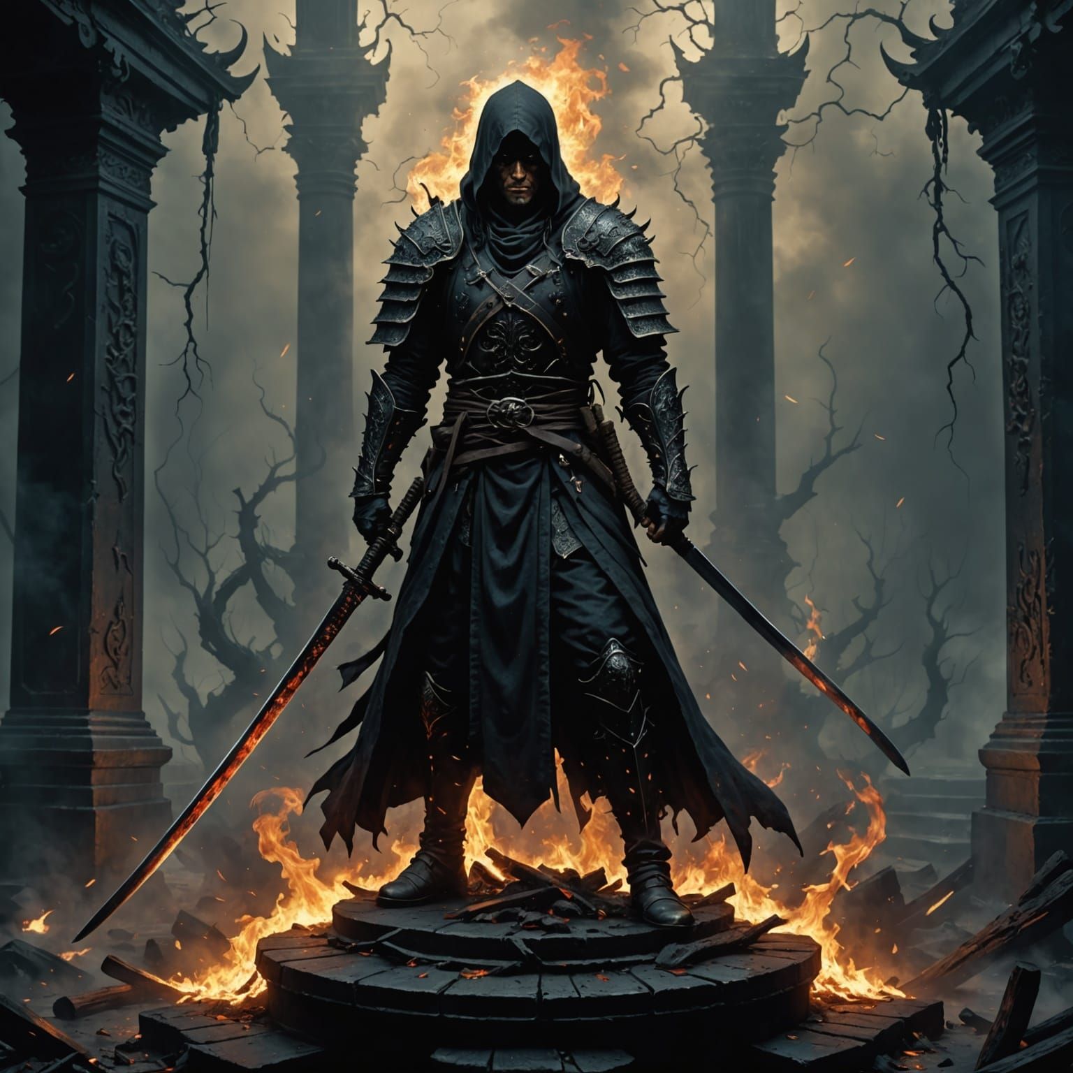 a dark katana with black flames on a pedestal horror Gustave...