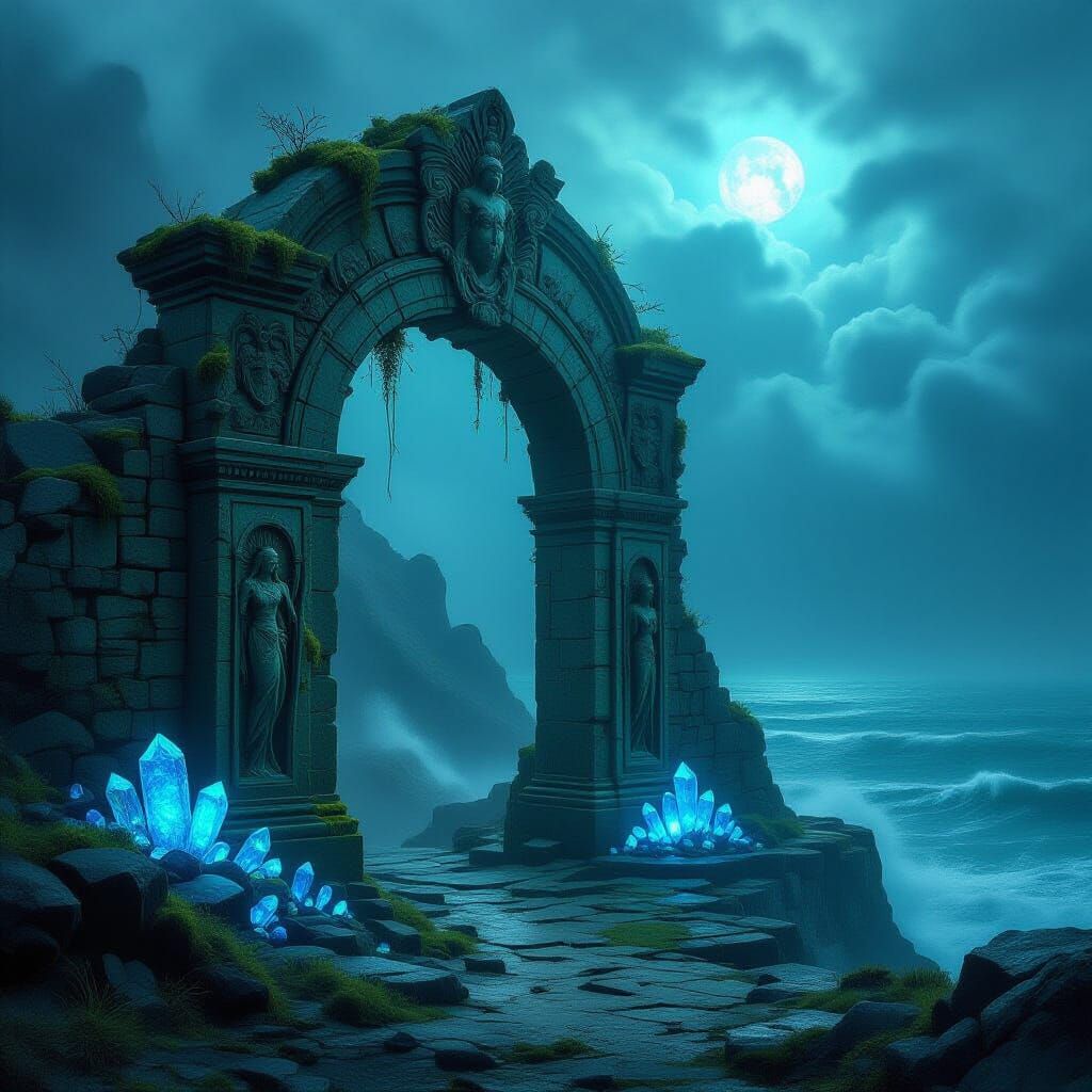 Ancient Archway on Windswept Cliff Overlooking Turbulent Sea