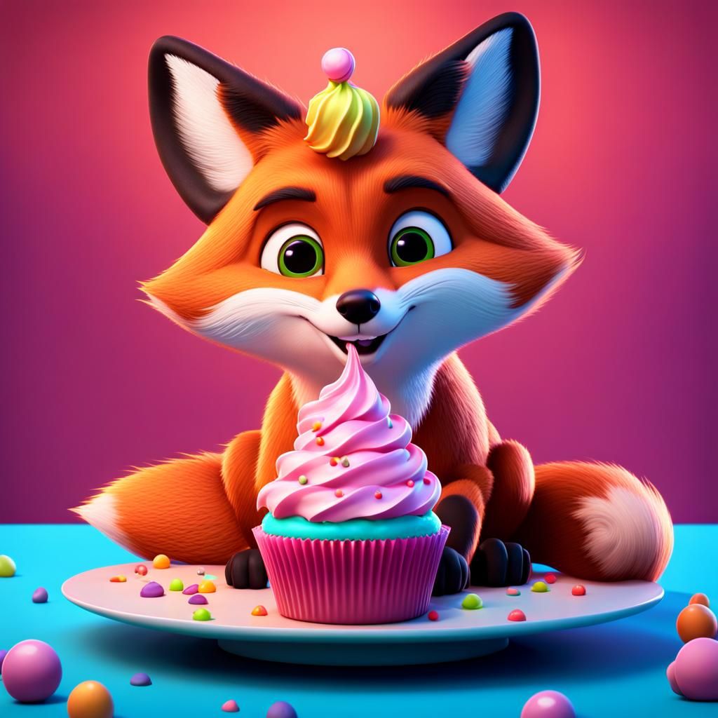 Fox Eating Cupcake in 3D Digital Art Style
