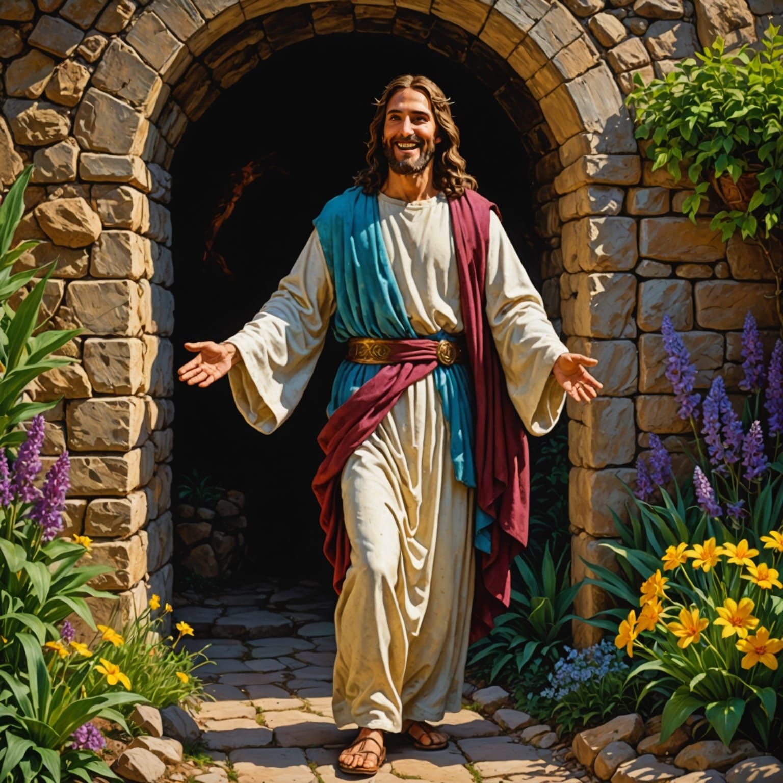 Resurrected Christ Emerges from Garden Tomb in Radiant Glory