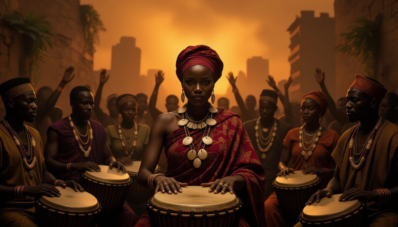 West African Musicians in Dark Futuristic Cityscape