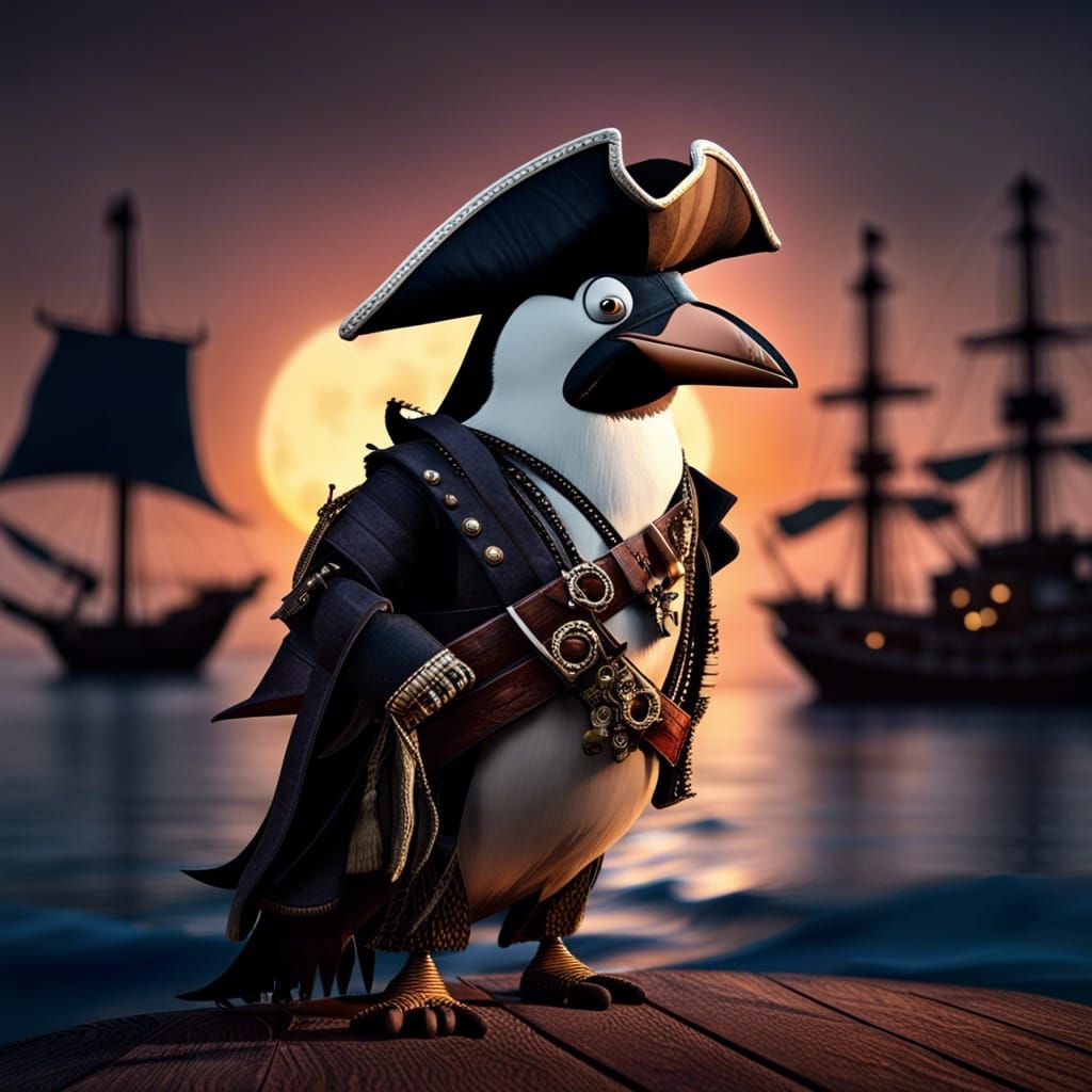 Penguin Pirate Sunrise with Pirate Ship