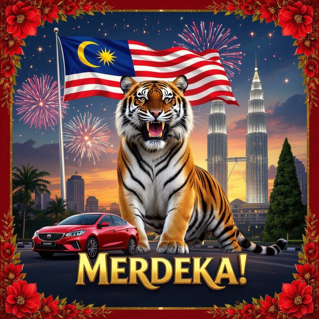 Malaysian Merdeka Poster: Tiger, Flag & Petronas Towers