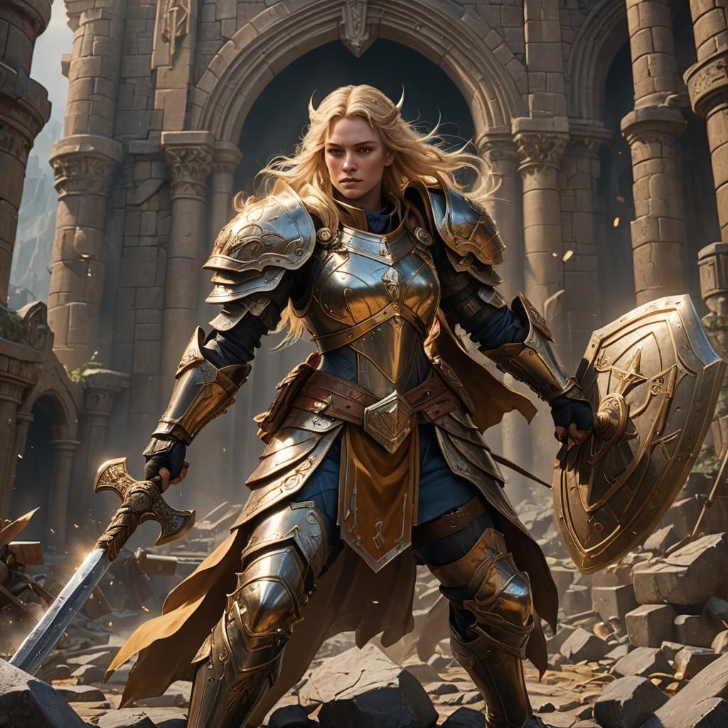 Aasimar Paladin with Hammer and Shield, Fantasy Art