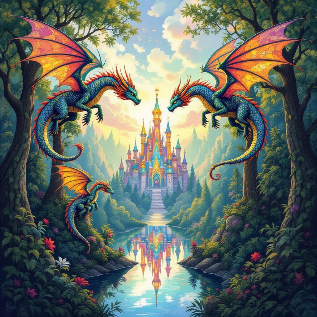 Kaleidoscope Dragons Soaring Through Mystical Forest