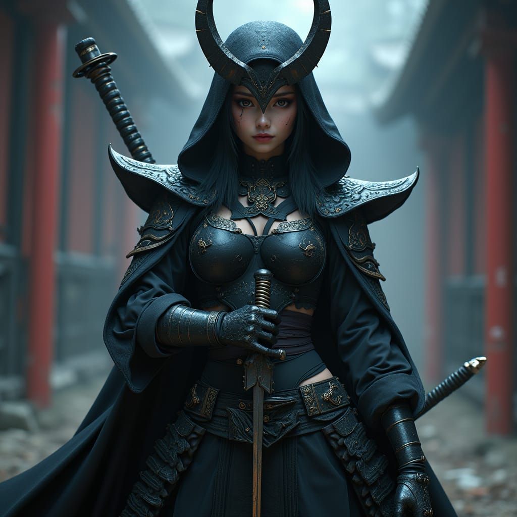 Gothic Ninja in Mystical Realm: 3D Anime Art