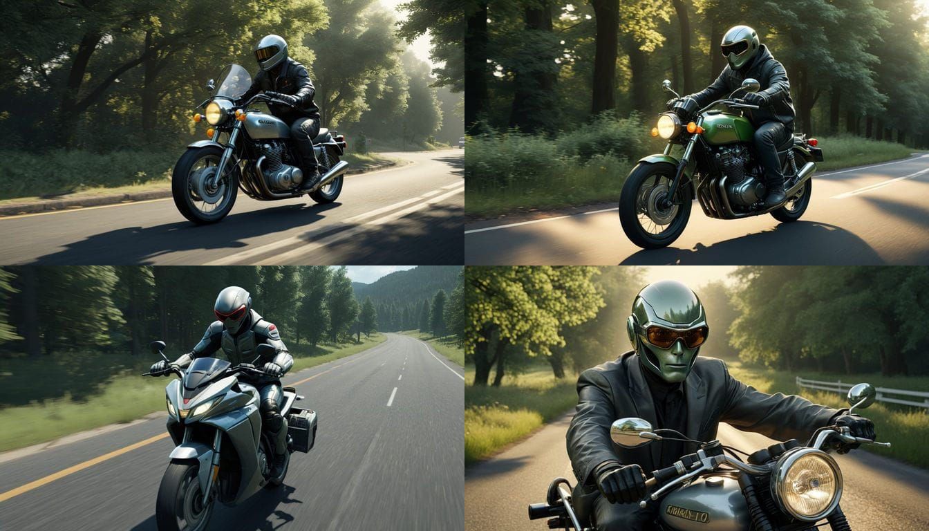 Alien on Motorcycle on English Road in Summer