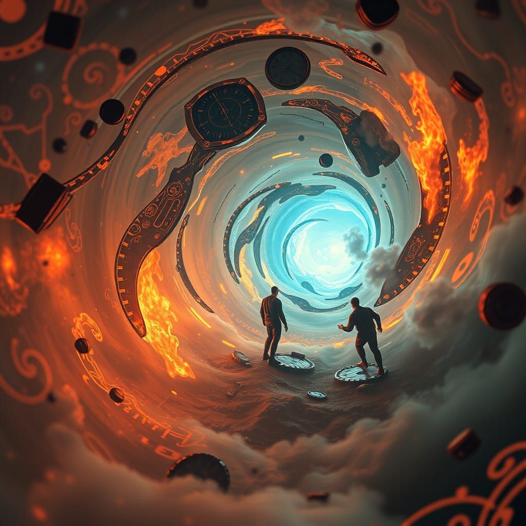 Time Vortex Absorbs Humans in Ethereal Fantasy Scene