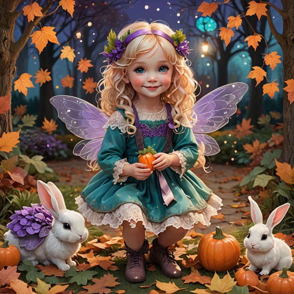 Fairy Toddler Feeds Bunny in Fall Park