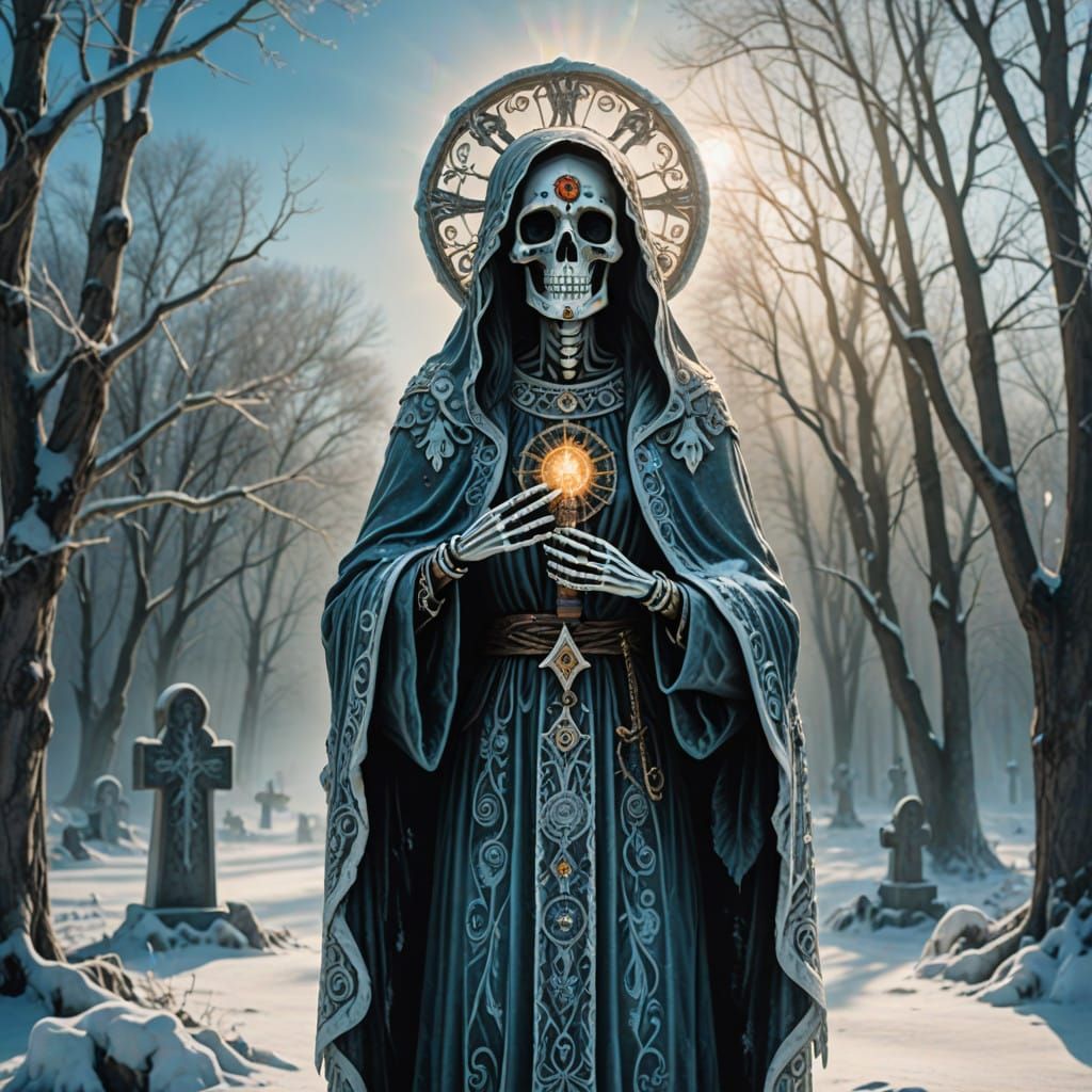 Mystical Santa Muerte in Winter Wonderland with Soft Focus