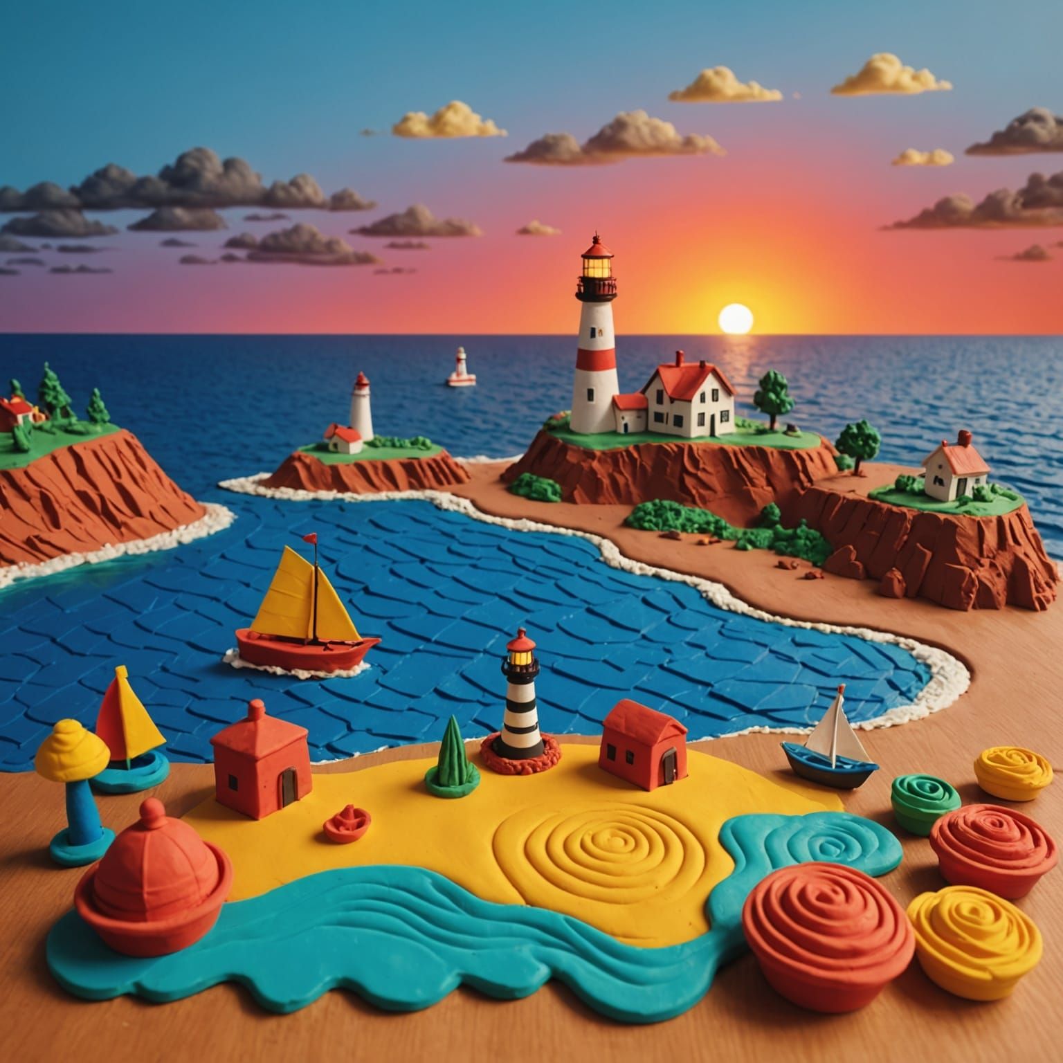 Claymation Sunset Over Ocean with Lighthouse