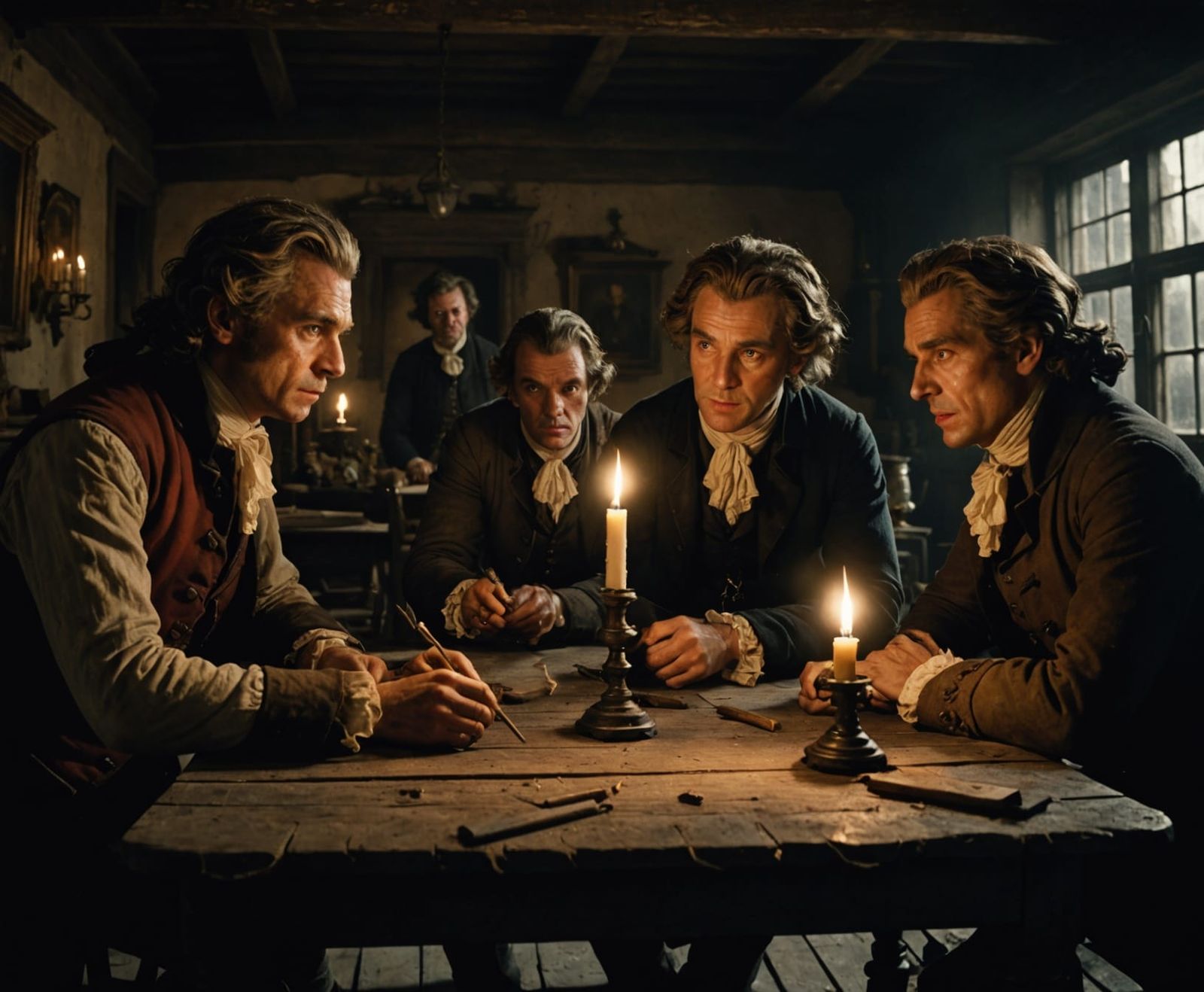 Cinematic Villains Plotting in a Decayed 18th-Century House