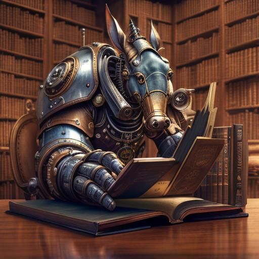 Steampunk Aardvark Mech Reads in Hyperdetailed Library