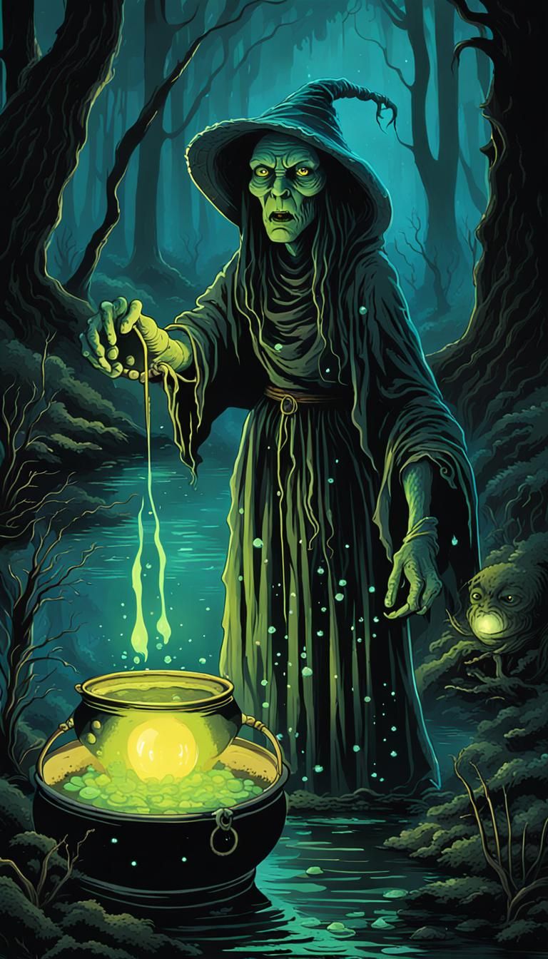 Grotesque hag witch with cauldron Bioluminescent in dark swa...