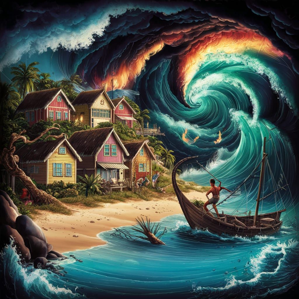 Caribbean Fishing Village Storm Illustration