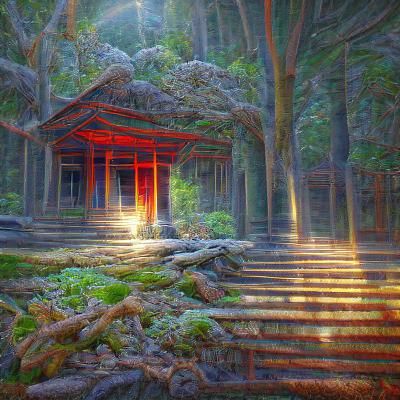Japanese Temple in Forest Landscape