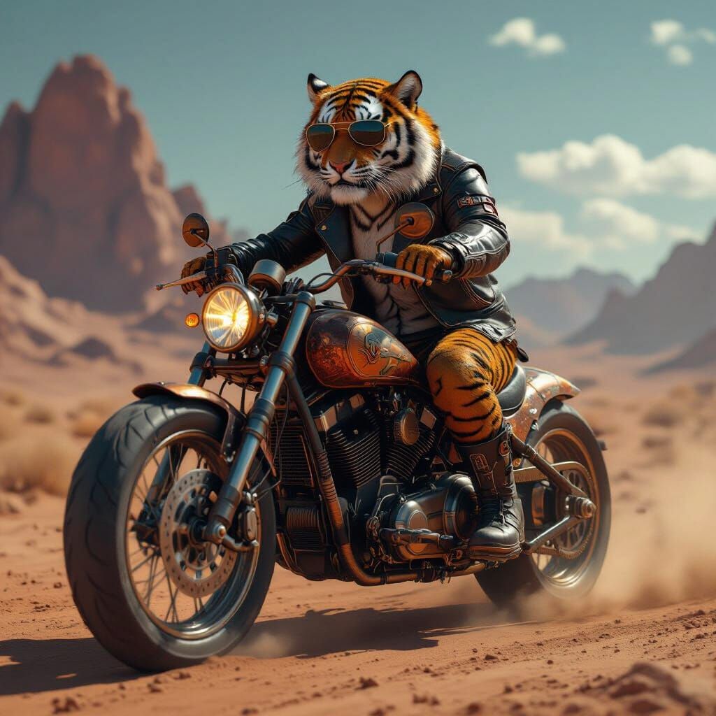 Steampunk Tiger Rides Motorcycle Through Alien Desert