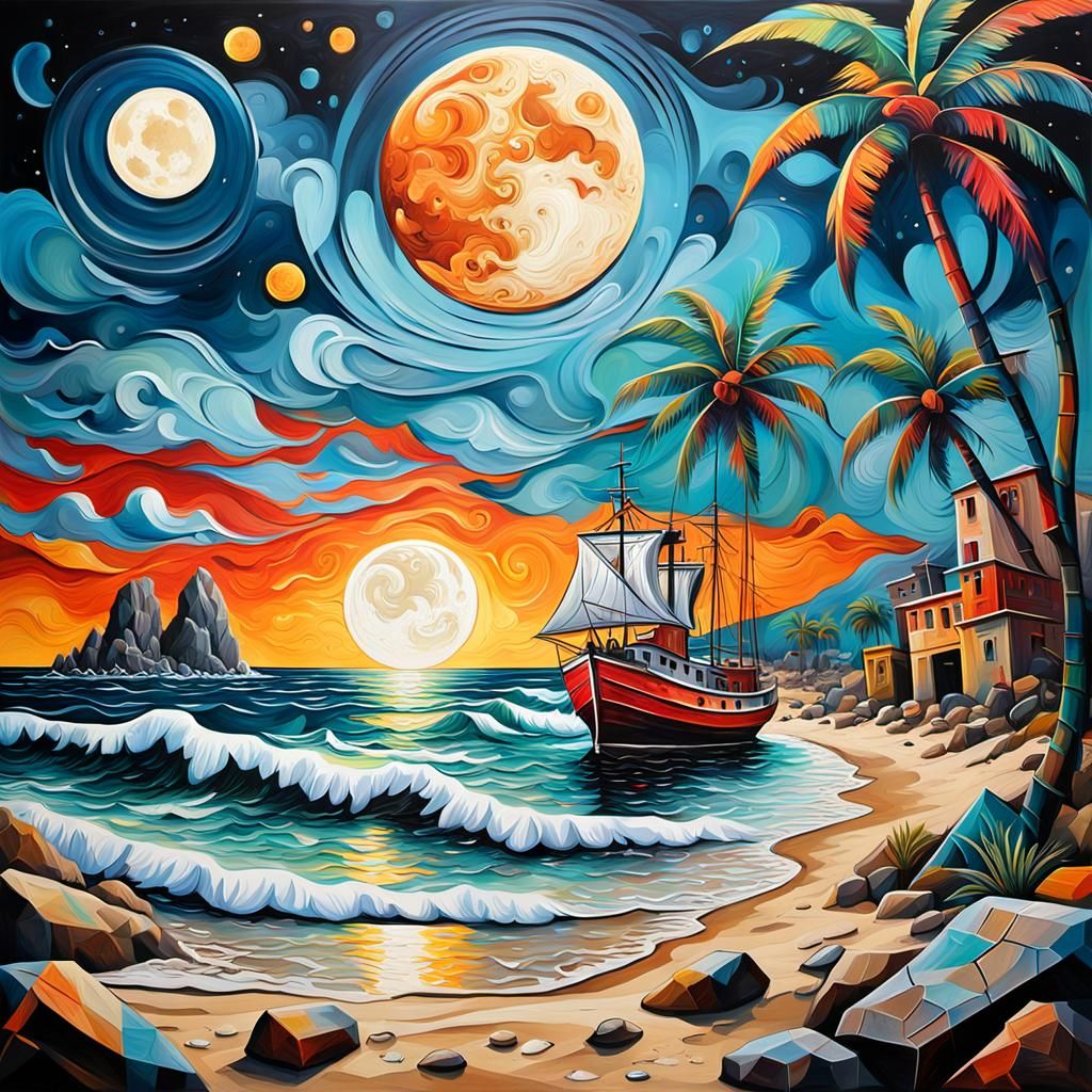 Expressionist Cubism: Moon Over Chaotic Beach