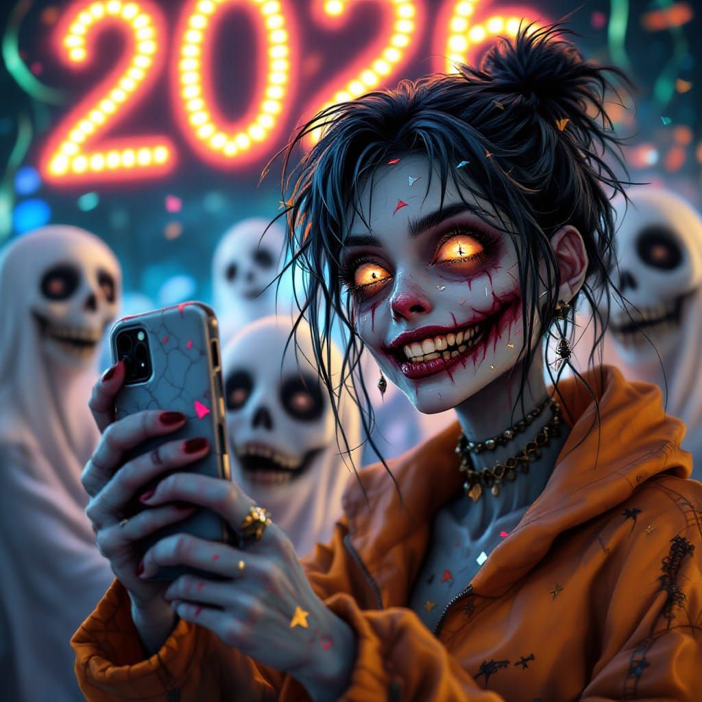 Cheerful Zombie Girl Selfie at New Year's Party