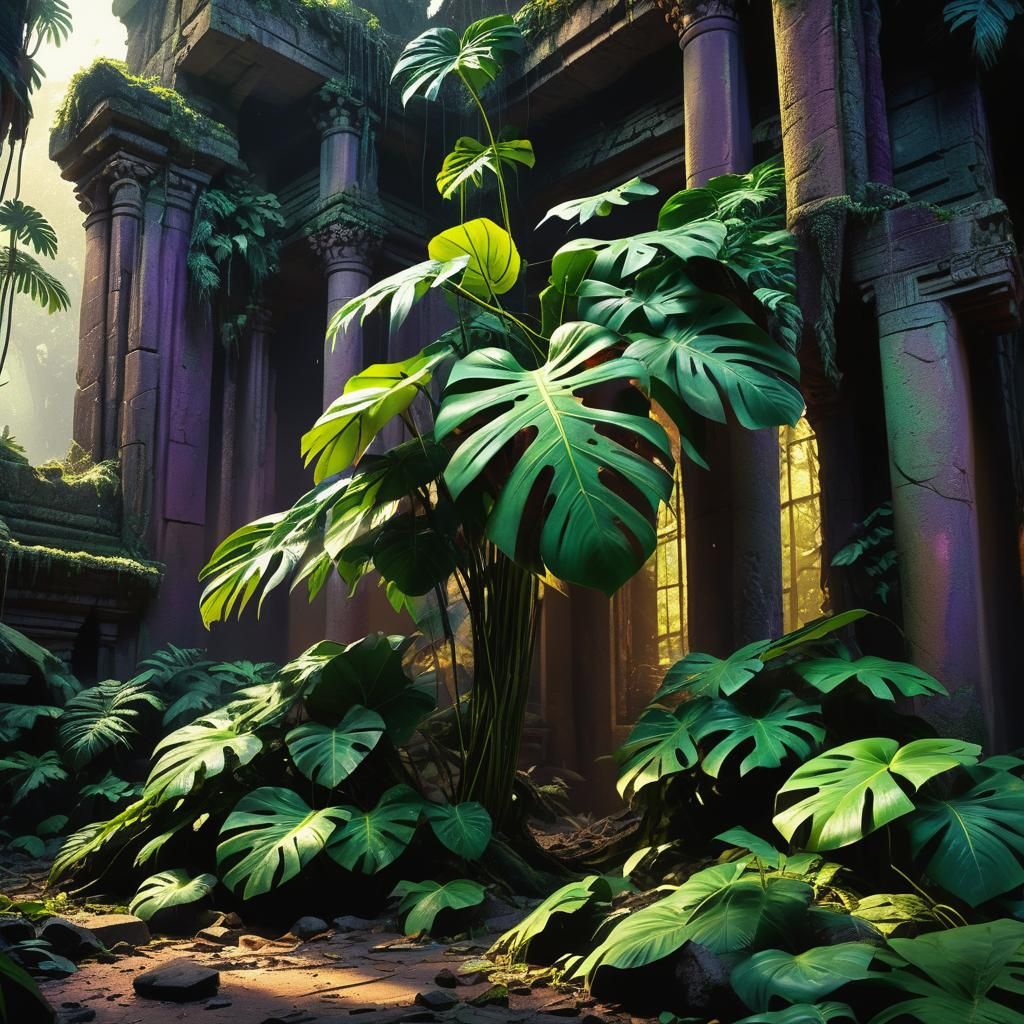 Monstera in Jungle Ruins: Greg Rutkowski Style