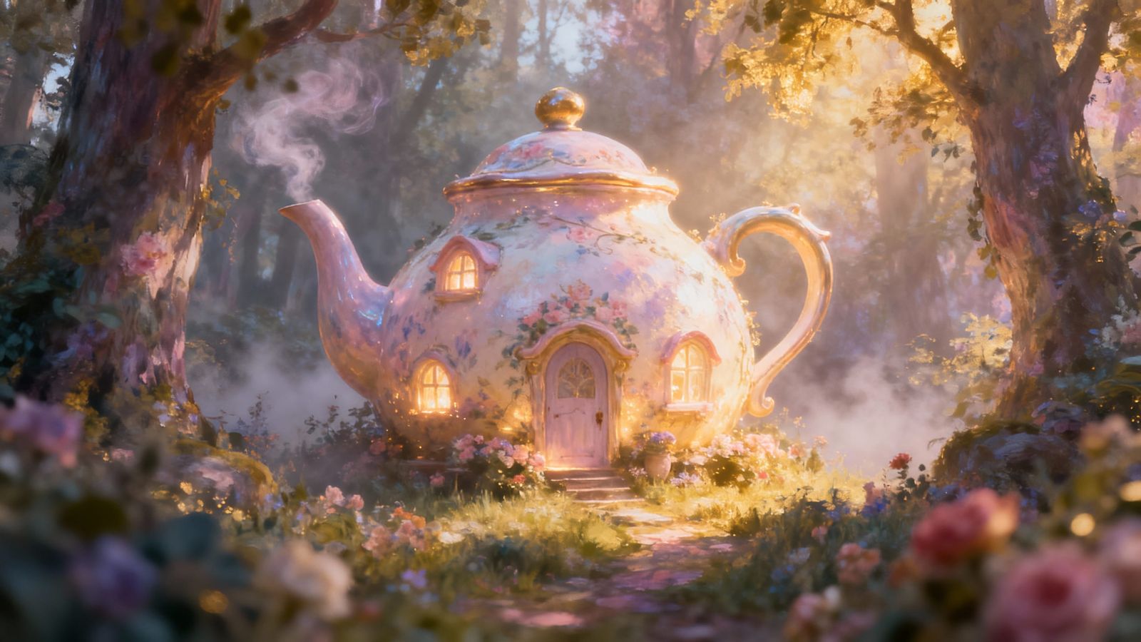 Whimsical Teapot House in Ethereal Forest