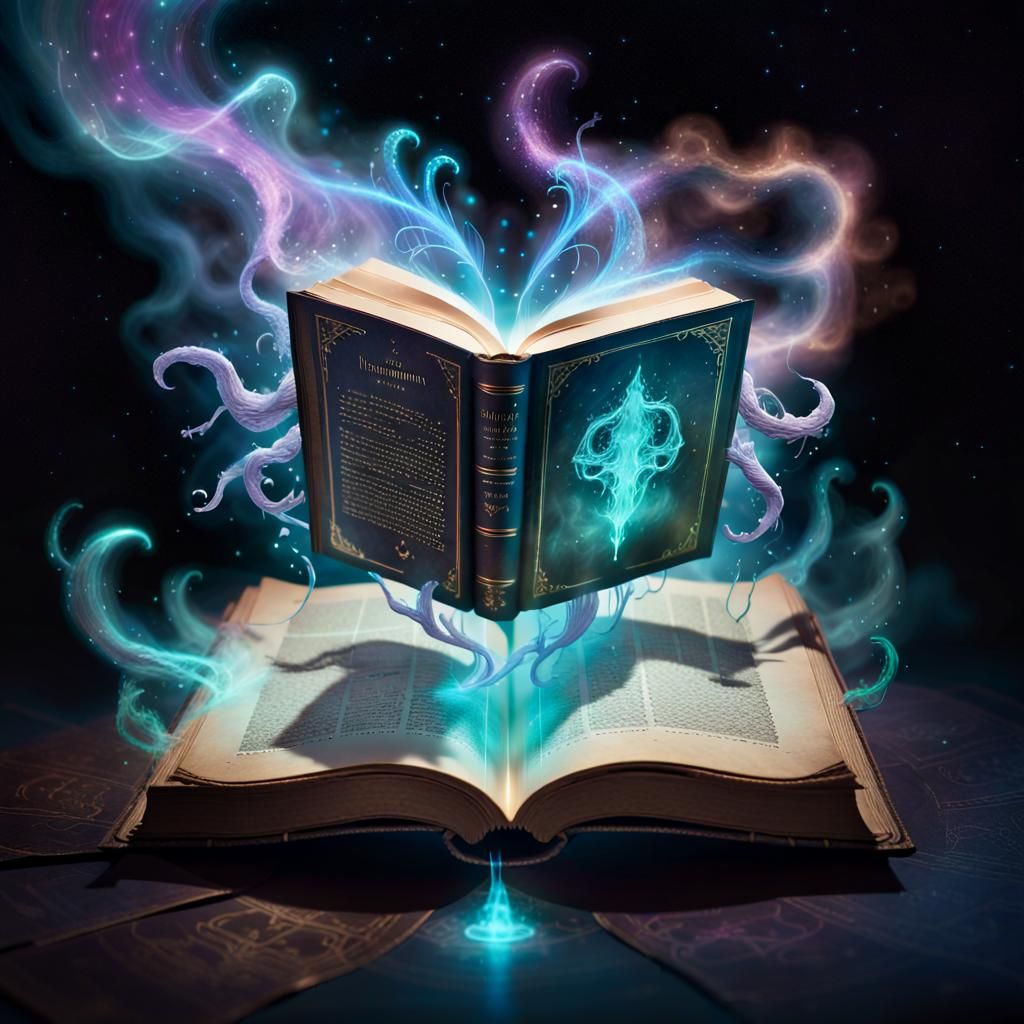 Multicoloured bioluminescent, ancient magic Necronomicon open book floating in mid-air, surrounded by ethereal plasma ef...