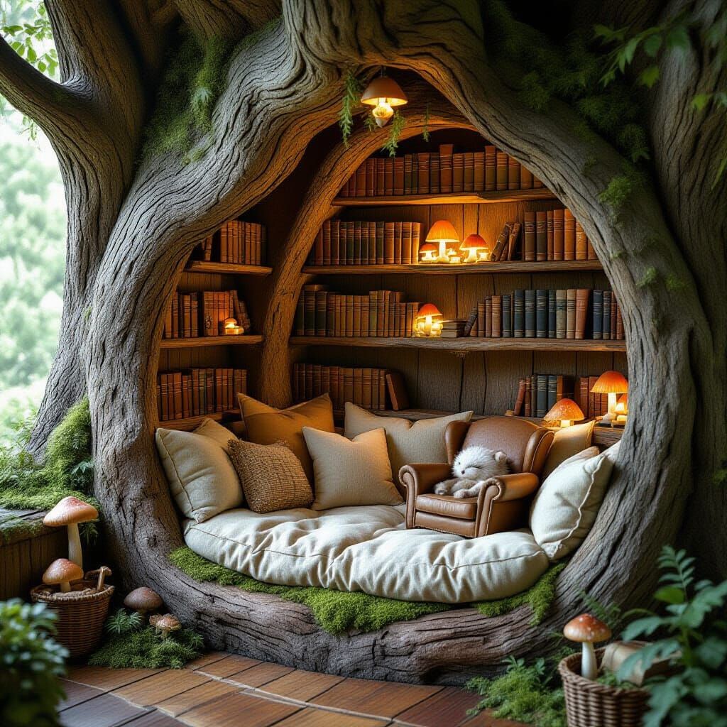 Enchanted Reading Nook in Ancient Tree