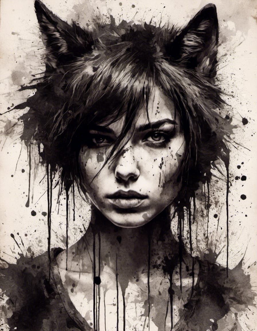 Scarred Wolf and Girl in Ink Splatter Art