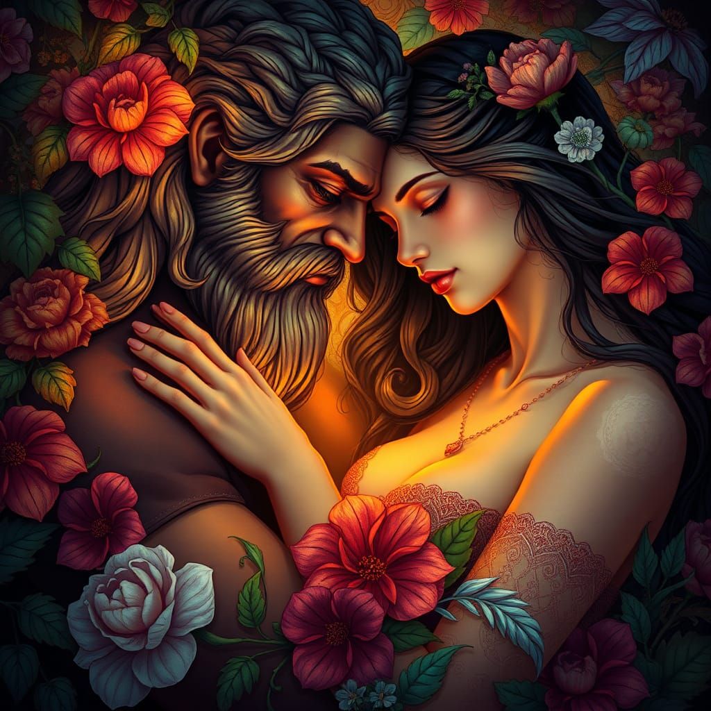 Hades and Persephone Embrace in Art Nouveau Style