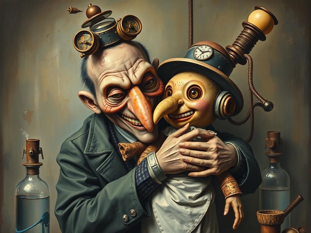 Steampunk Scientist Hugs Long-Nosed Doll in Laboratory