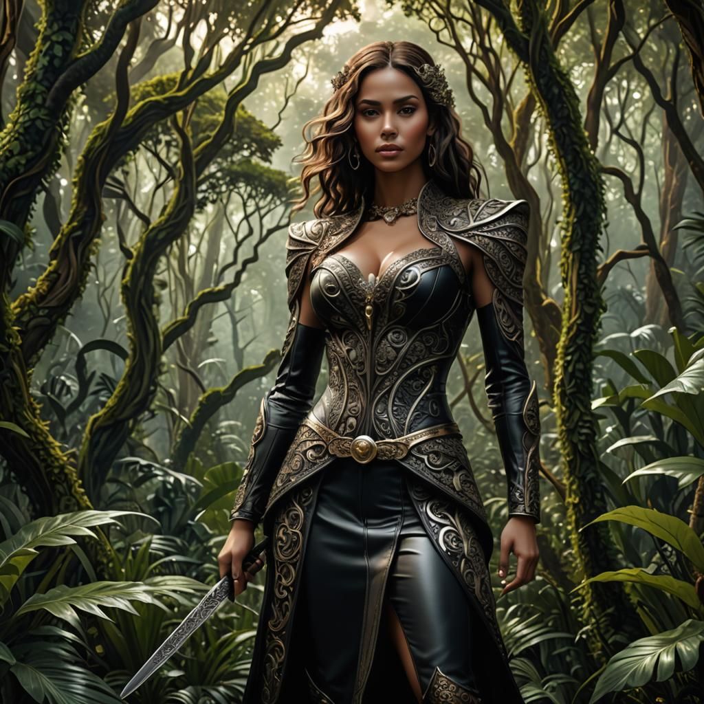 Leather-Clad Woman in Jungle: Hyperrealistic 64 Megapixel
