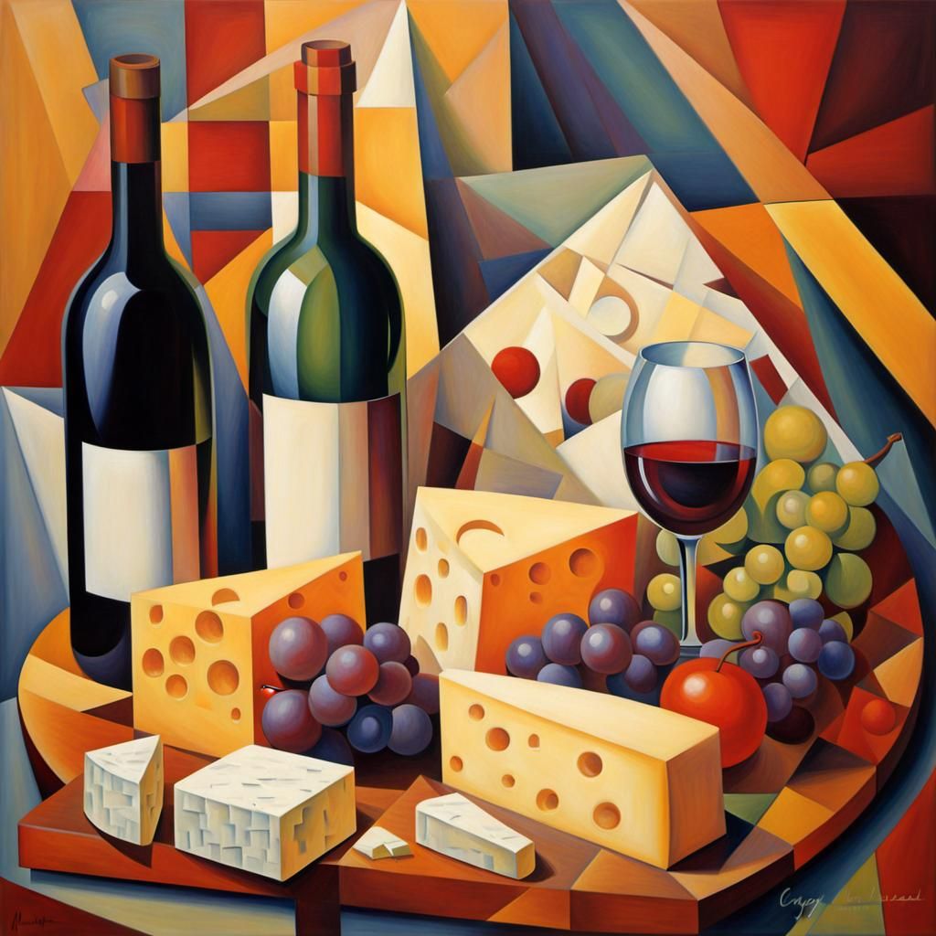 Wine Still Life in Cubist Style