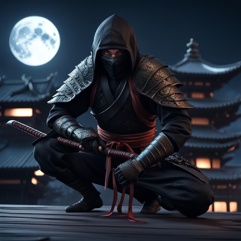 Ninja on Dojo Roof in Moonlight, Detailed Matte Painting