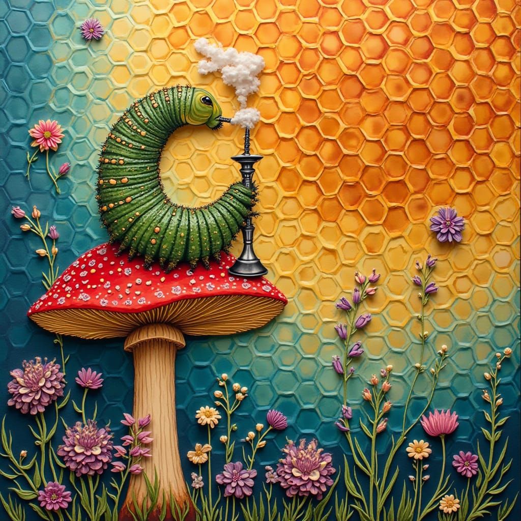Surreal Collage: Caterpillar Smoking Hookah on Mushroom