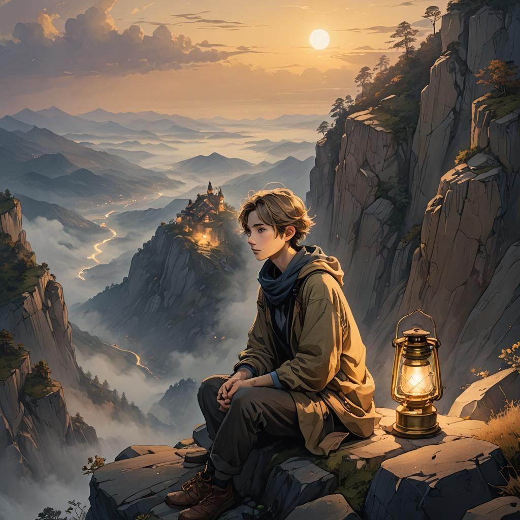 Melancholic Figure with Lantern in Anime Style