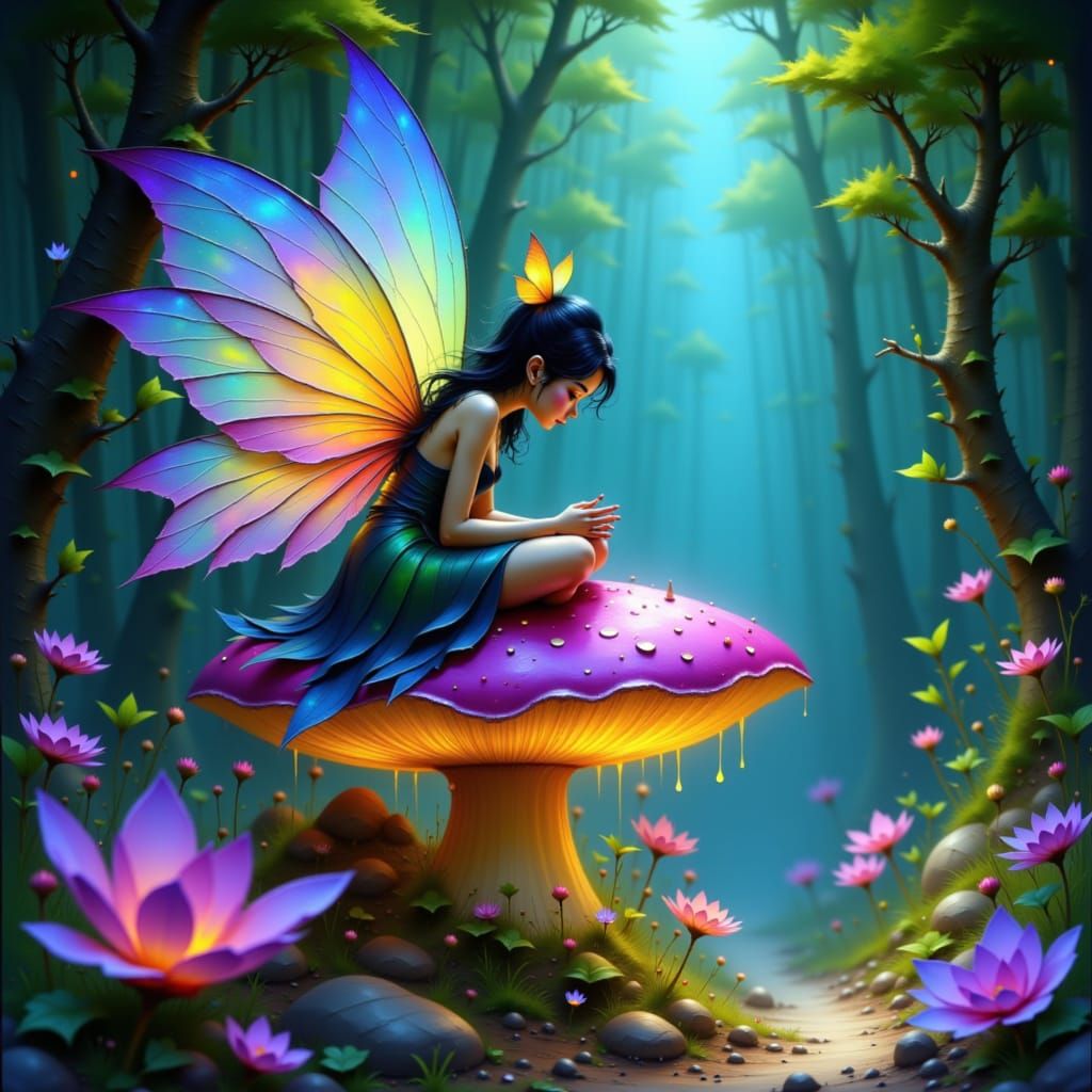 Bioluminescent Fairy Perched on Mushroom: Fantasy Art