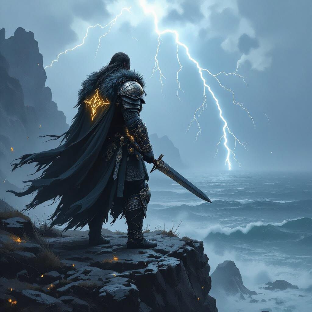Viking Warrior Overlooks Stormy Sea in Digital Painting