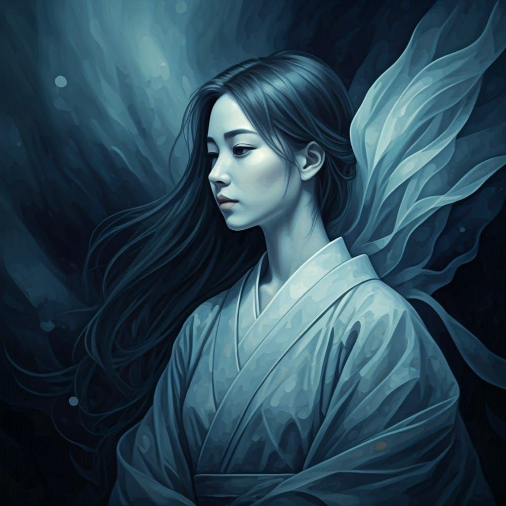 Introspective Woman in Indigo Hues, Surrealist Art