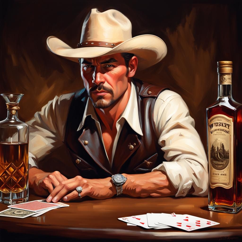 Impressionistic Cowboy Portrait with Whiskey and Cards
