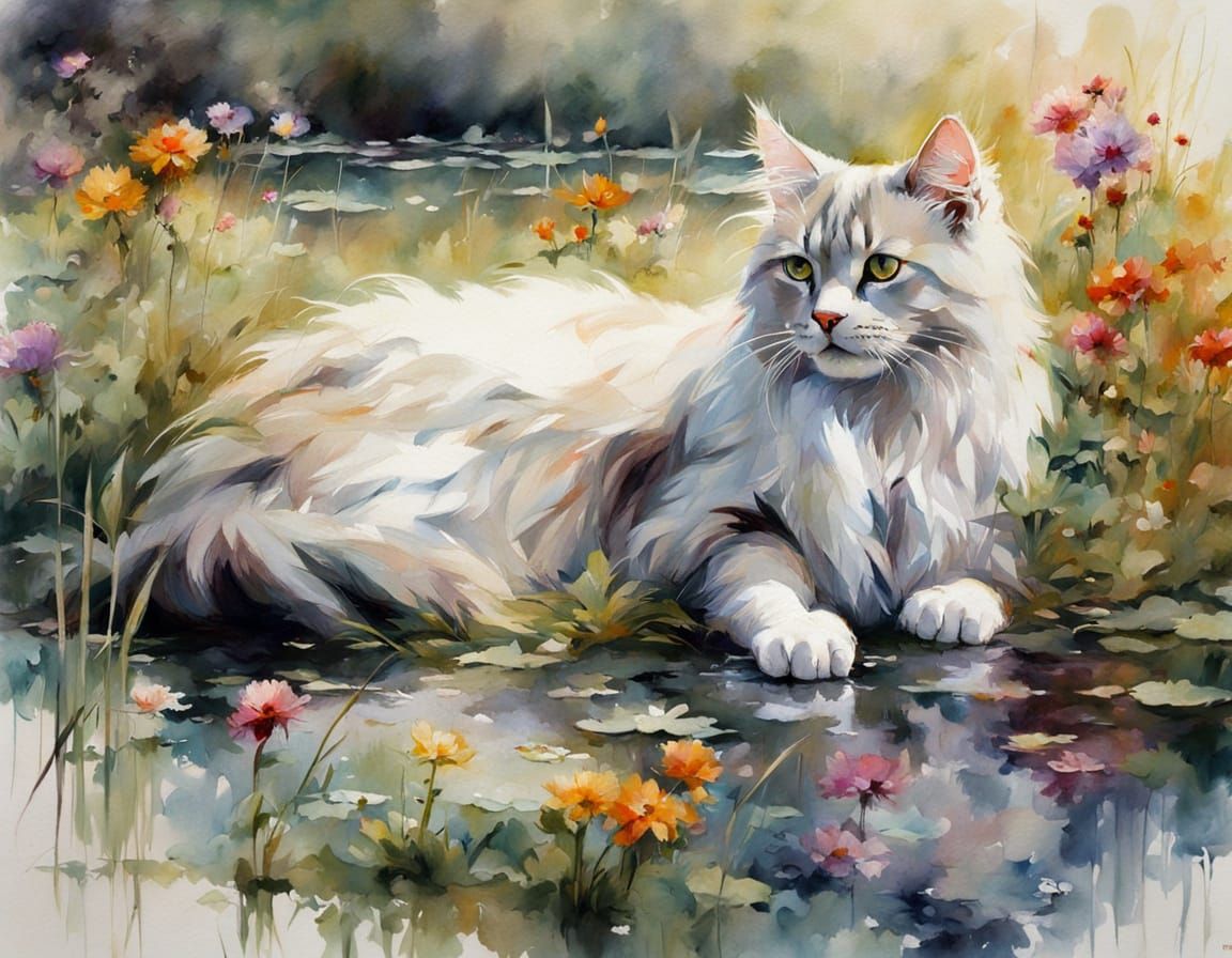 Stunning Long-Haired Cat in Whimsical Meadow Scene