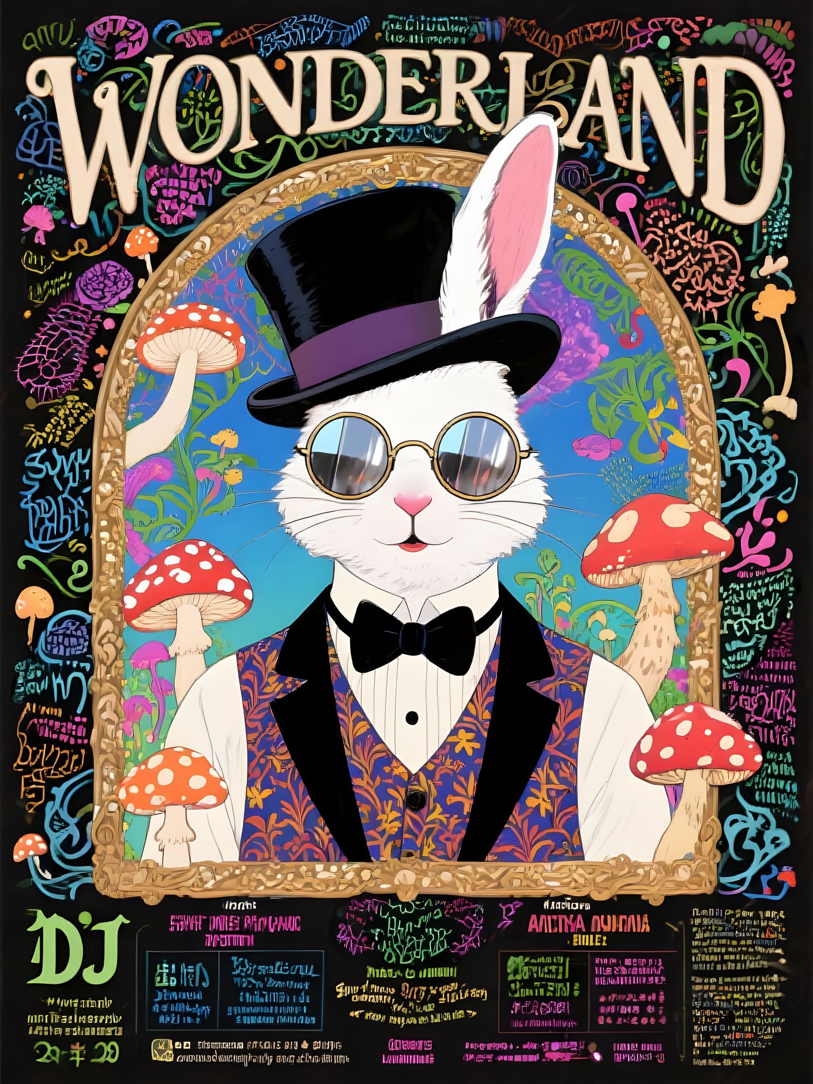 Psychedelic Wonderland Rave Flyer with White Rabbit