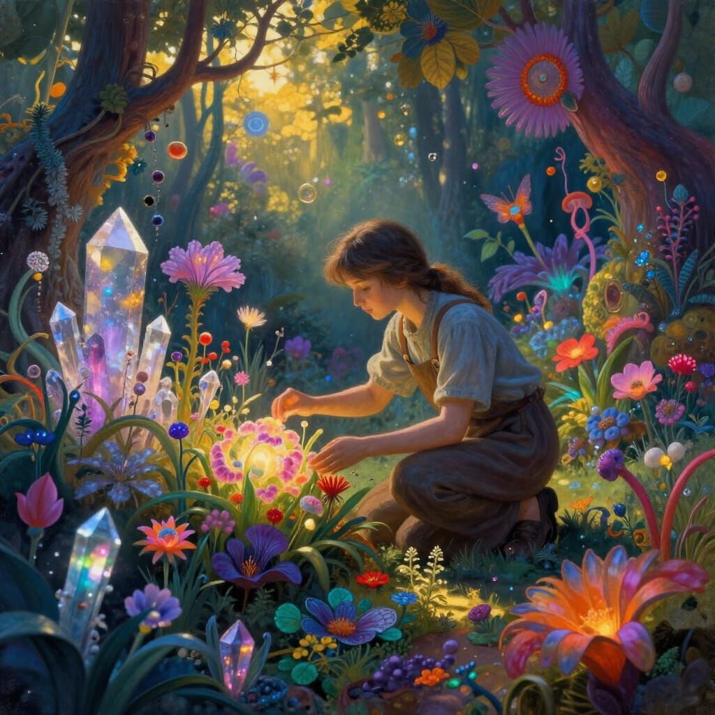 Surreal Gardener in Bioluminescent Dreamscape