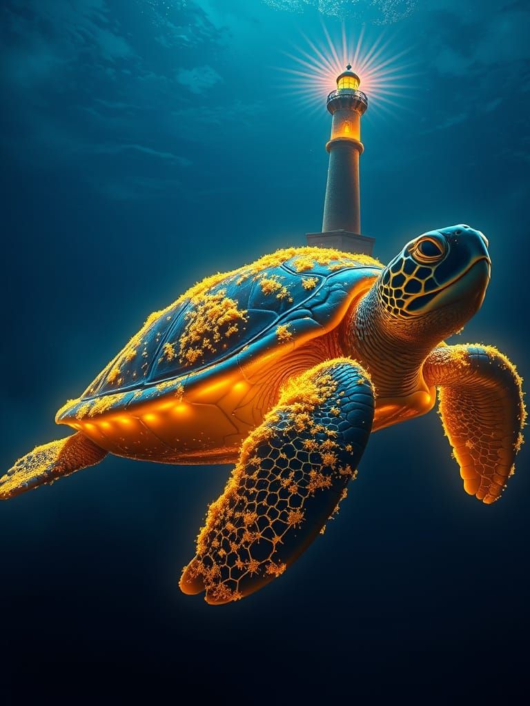 Neon Sea Turtle with Lighthouse Shell
