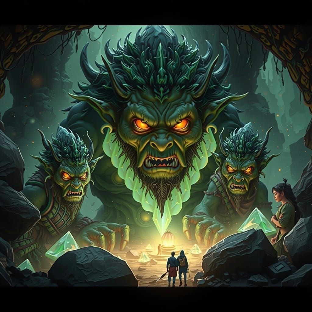 A group of trolls guarding a cave full of glowing crystals a...