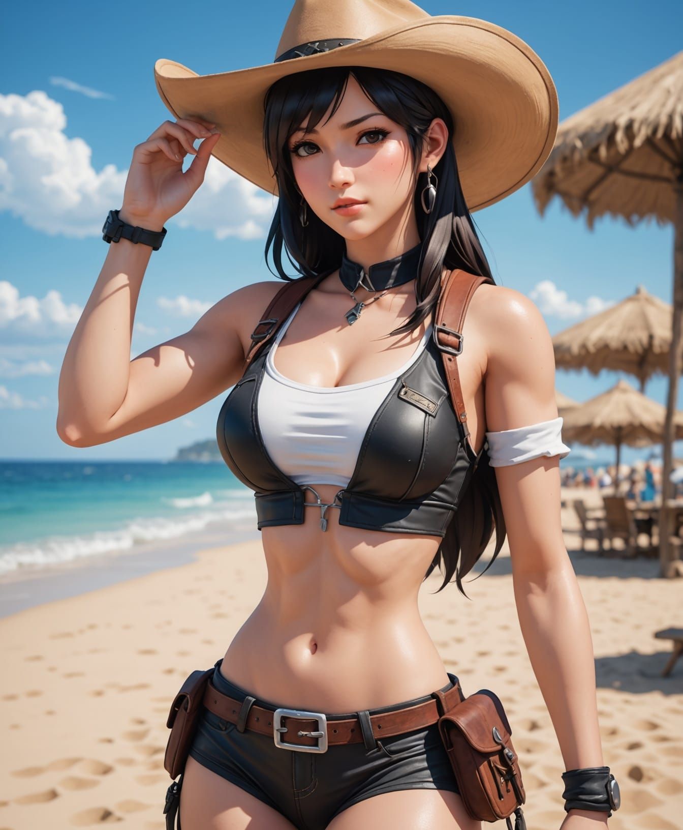 Tifa Lockhart as 3D Anime Cowgirl on Beach
