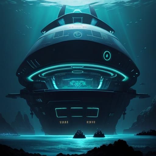 Bioluminescent Cyberpunk Submarine Near Neon UFO
